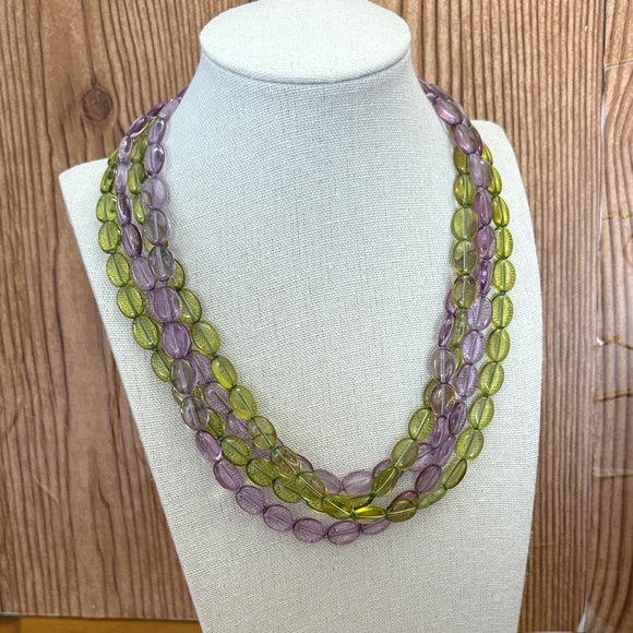 Jewelry - Set of 2 Long Necklaces Green and Purple Oval Glass Beads Strand Over the Head